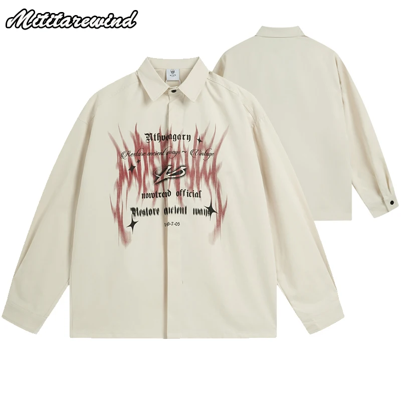 

High Street Gothic Letter Printed Hip Hop Streetwear Spring Autumn Long Sleeve Shirt Men Japanese Style Oversized Mens Shirts