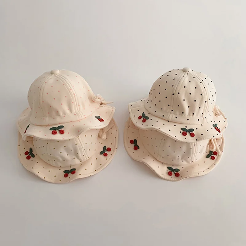 

Детская рыбацкая шляпа с точечным принтом, милая детская кепка-ведро с вишневым принтом, От 2 до 24 месяцев, солнцезащитные козырьки принцессы для девочек, хлопковые весенние шапки для бассейна