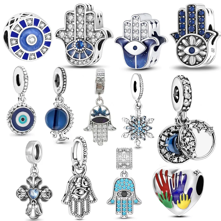 Original 925 Sterling Silver Evil Eye On Hand Of Fatima & Protective Hamsa Hand Dangle Charm Jewelry Beads Fit Bracelet