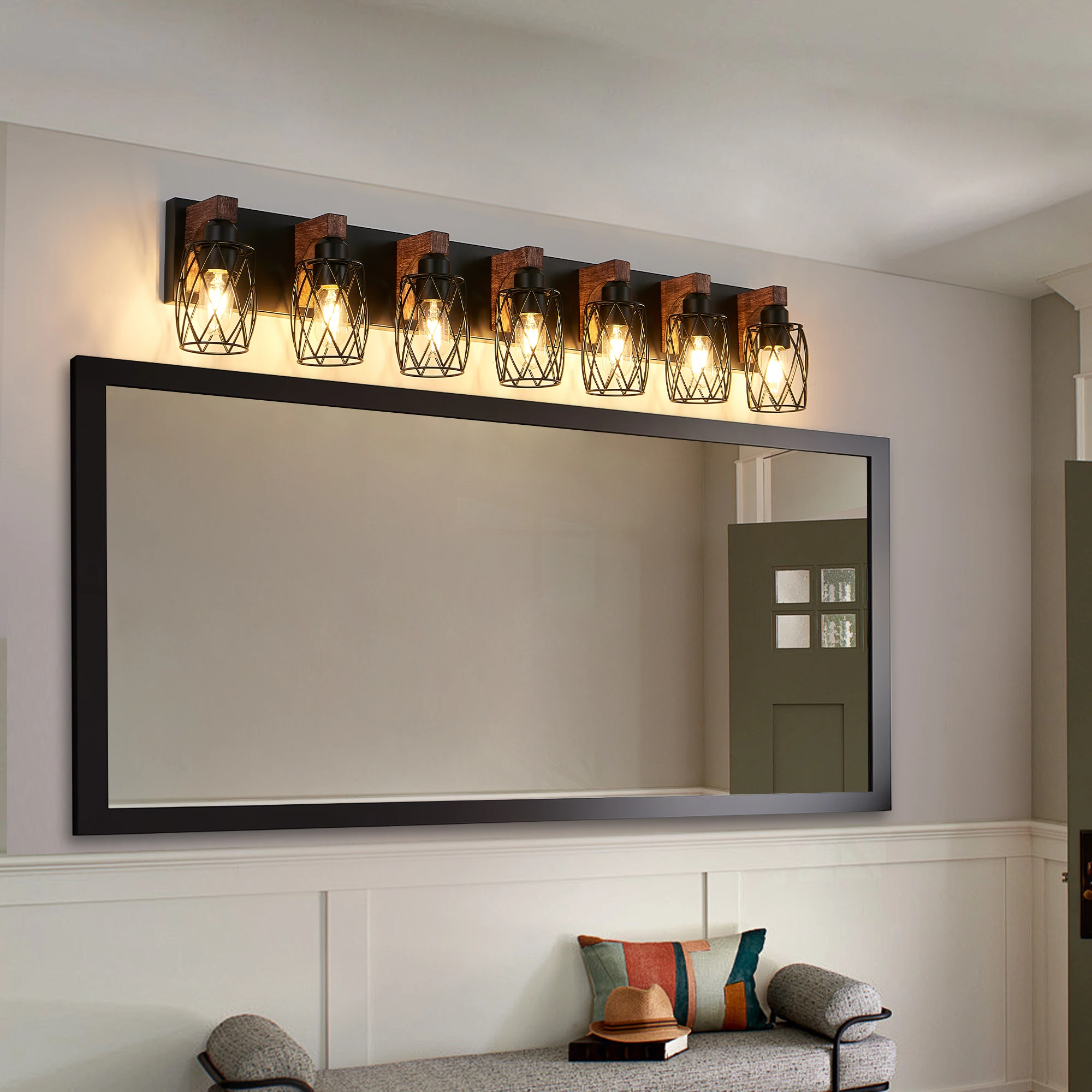 L001027-W7H Iron Wire Mesh Lampshade Mirror Front Light, Rust-Proof and Waterproof, Suitable for Bathroom Vanity, Power Supply Hardwired, Compatible with E26 Light Source, North American Ul Certified, Minimalist Style