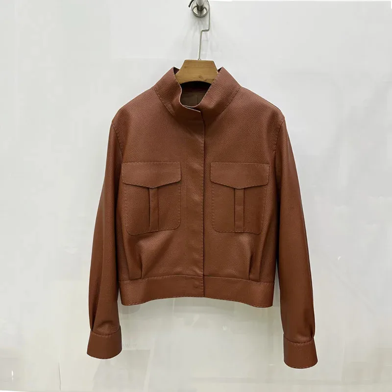 Genuine Leather Jacket Lychee-Patterned Sheepskin Soft Short Length Big Pockets Women Coat Spring Autumn