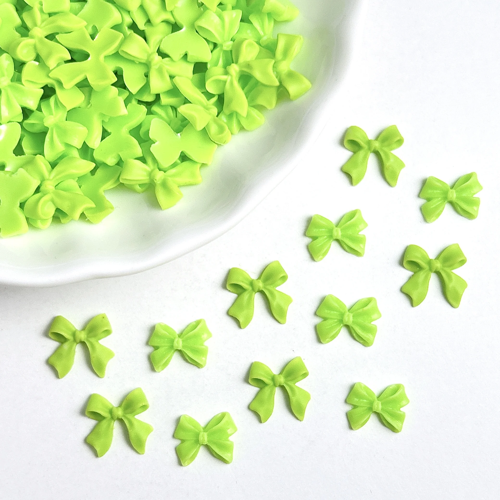 50PCS Fresh Green Ribbon Bow Nail Charms 3D Resin Cute Solid Color Bow Art Accessories for Hair Clip Phone Case Manicure DIY