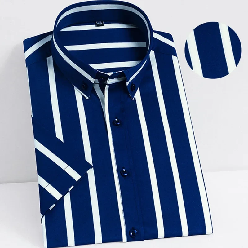 

Striped Shirts for Men Short Sleeve Strech Summer Soft Business Dress Shirt Casual Regular Fit No Pocket Social Non-iron Blouse