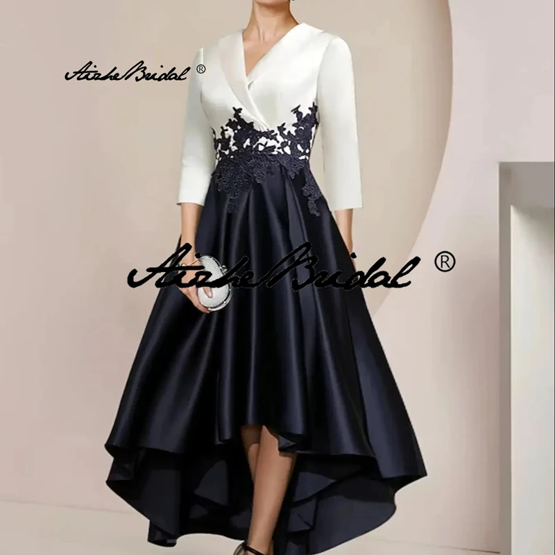 أبيض وأسود رقبة على شكل حرف V غير متماثل 3/4 طول كم مزين على شكل حرف a من الساتان فستان أم العروس