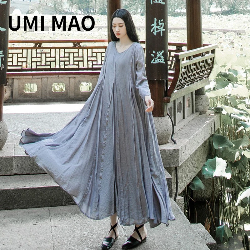 UMI MAO-Vestido Chinês Vento Legal Sentido para Mulheres, Camada Dupla, Nó de Bambu, Borda Rasgo, Bainha Grande Splicing, Vestido Feminino Elegante, Y2K