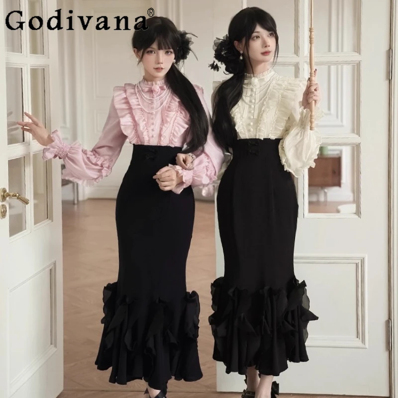 

Japanese Original Design Lolita Dress Female Fake Two Piece Mermaid Ruffle Dress Women's Autumn Style Princess Sweet Dress