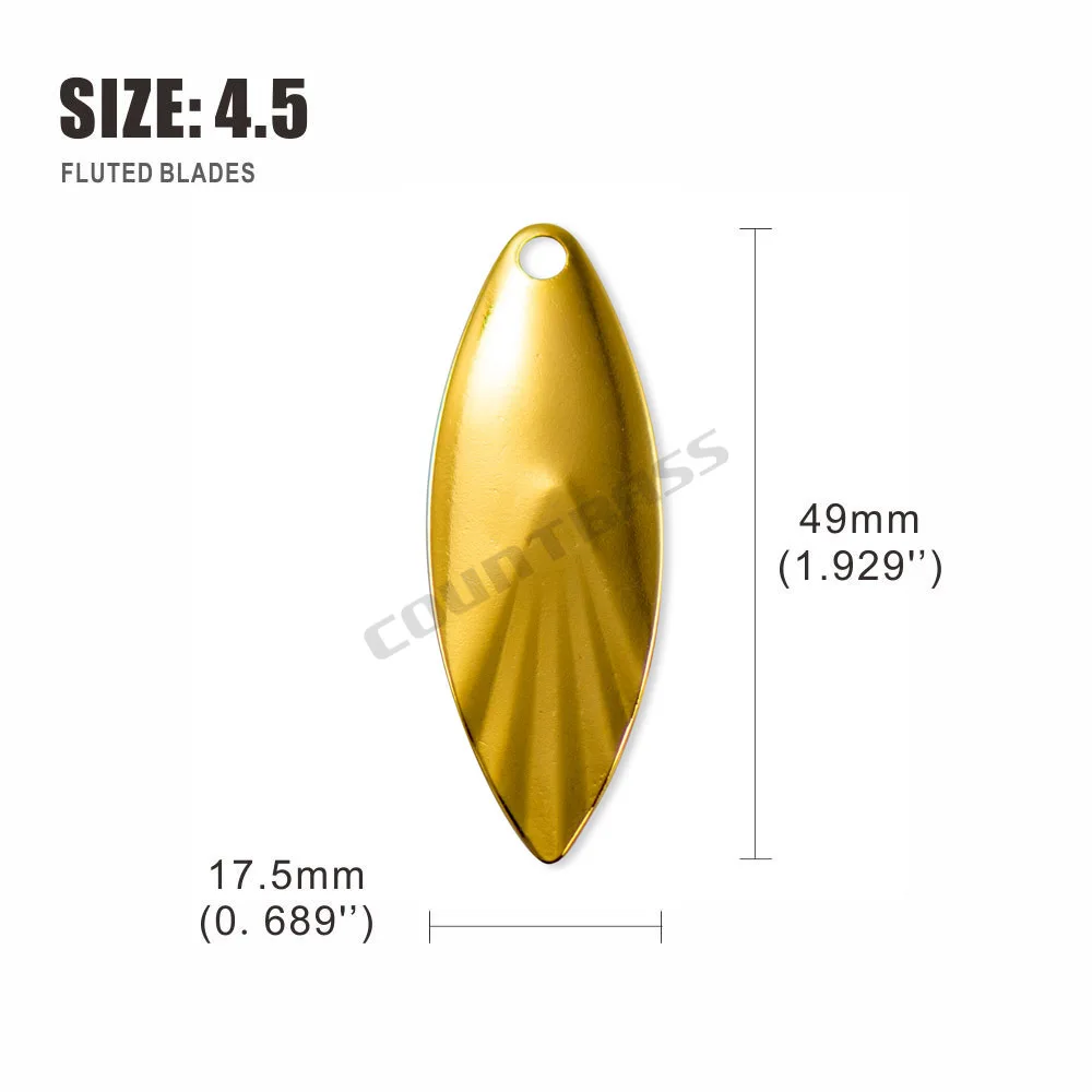 50pcs COUNTBASS Size 2.5-4.5 Gold Plated Steel Willow Leaf Spinner Blades Fluted Pattern, DIY Spinner baits Fishing Lure