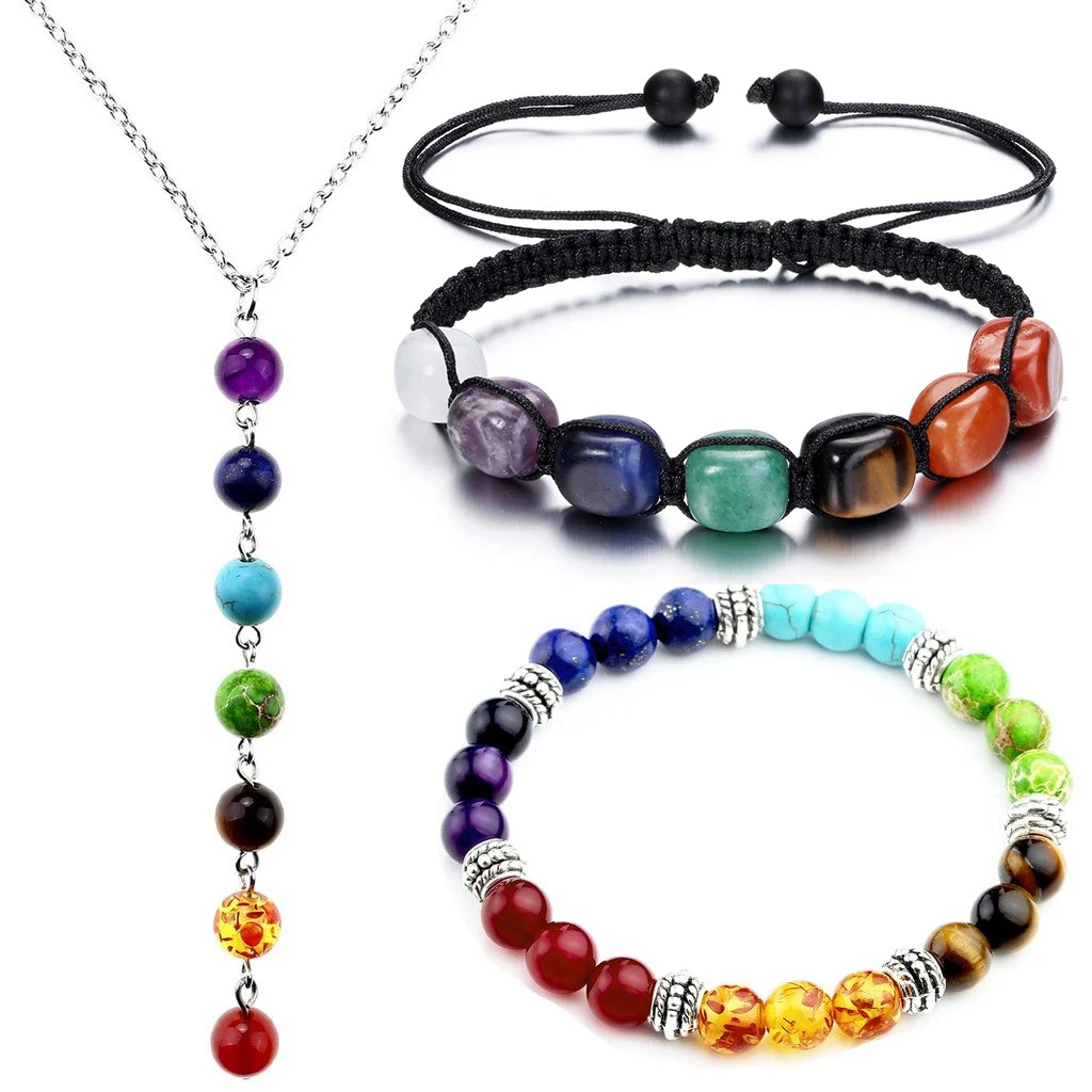 2Pcs Yoga Energy Jewelry Sets Natural Stone Beads 7 Chakra Reiki Healing Balance Necklaces Stretch Energy Bracelet for Women