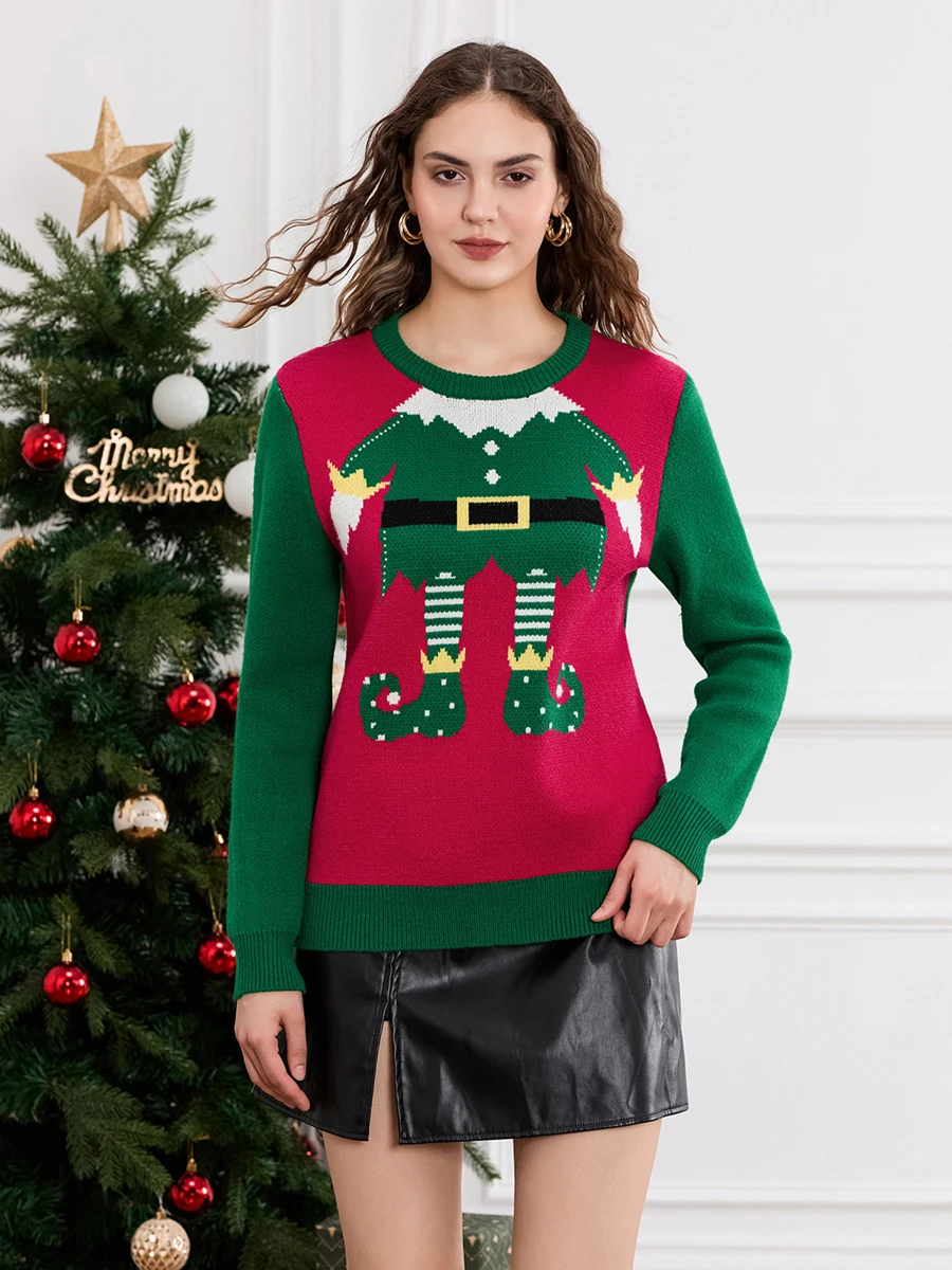 Women Cute Christmas Sweaters Casual Trendy Elf Legs Print Crew Neck Warm Pullover Basic Knitwear for Fall Streetwear