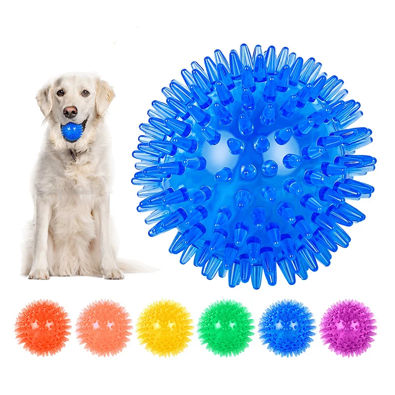 random color1pc TPR Thorn Ball Pet Squeaky Toy Polka Dot Teeth Cleaning Chewing Ball Sound Training Toy for Dog Cat Puppy