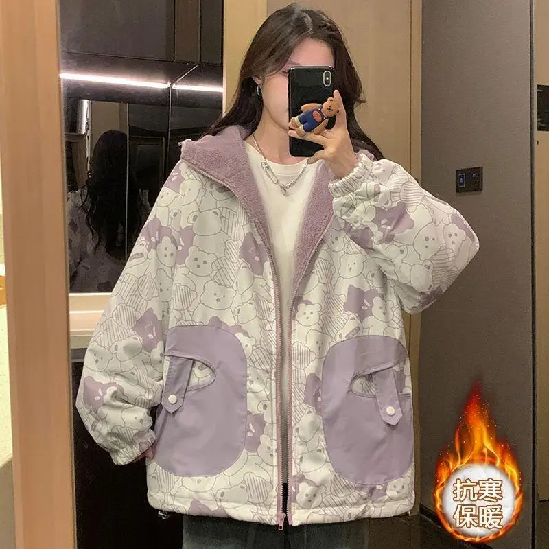 

Women Winter Coat Lamb Wool Cotton Coat New Winter Autumn Two Sided Wear Fleece Lined Thick Hooded Jacket For Teenage