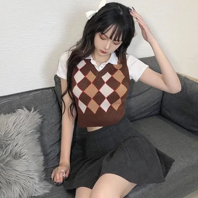 Vintage Argyle Knitted Sweater Vest Women Preppy Style V Neck Sleeveless Crop Sweaters Haut Femme