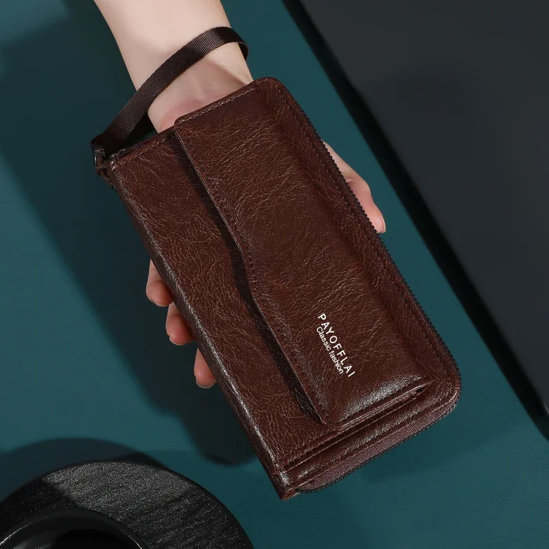 Einfarbige Vintage-Geldbörse aus PU-Leder mit Armband, lange Geldbörse mit Reißverschluss im Business-Stil mit mehreren Kartenfächern, ideales Geschenk