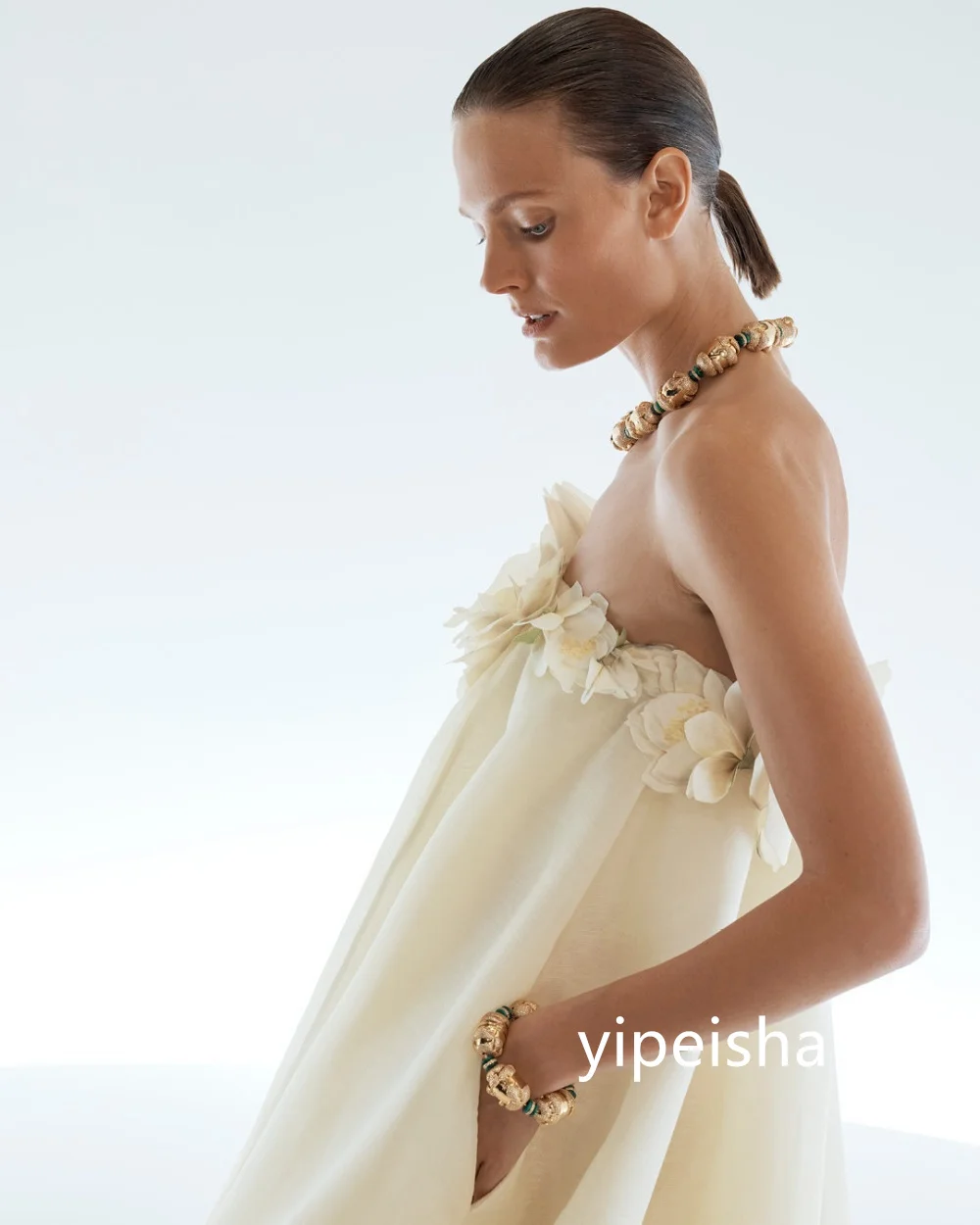 Customized Matching Chiffon Flower Straight Strapless Midi Dresses Prom Dresses Classic Exquisite Modern Style Pastrol Chinese