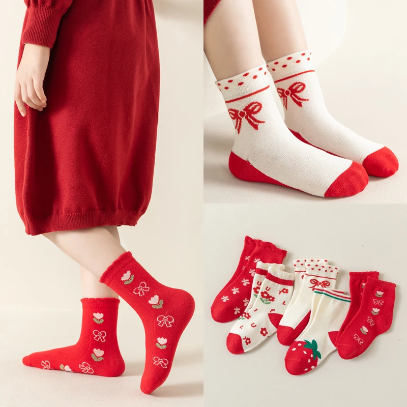 

Children's Socks Spring and Autumn Lovely Strawberry Mid-tube Socks For Autumn and Winter Girls Baby Red Cotton Socks 5 Pairs