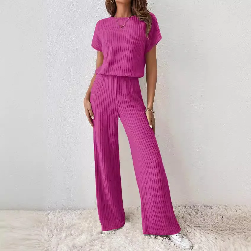 2024 New Two Piece Set Women Outfit Summer Casual Short Sleeve T-Shirt Long Pants Solid Color Suits Loose Sport Matching Sets