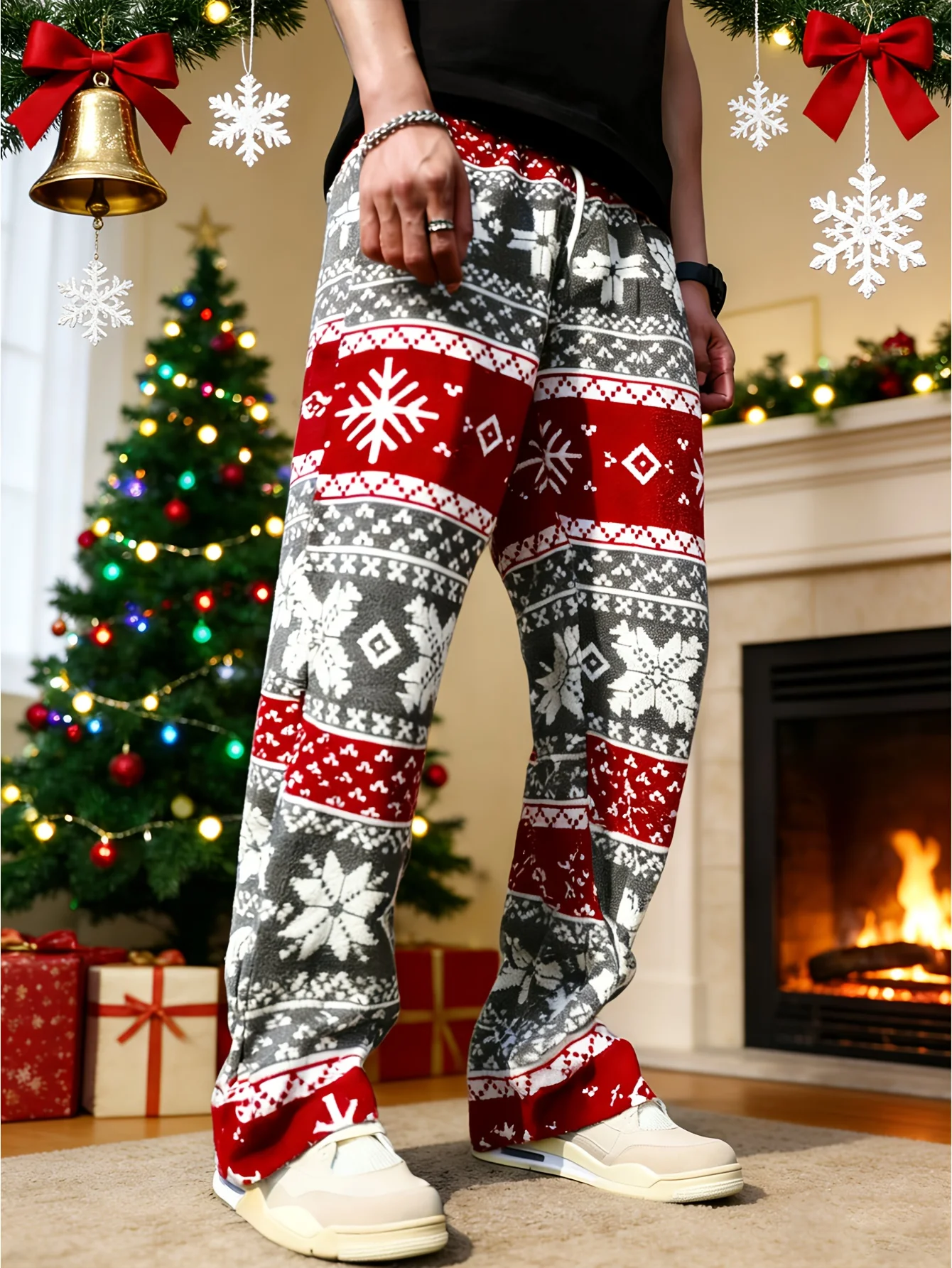 2026 Christmas Men Wide Leg Pants Snowflake Fair Isle Print Drawstring Waist Holiday Casual Trousers Men's Clothing
