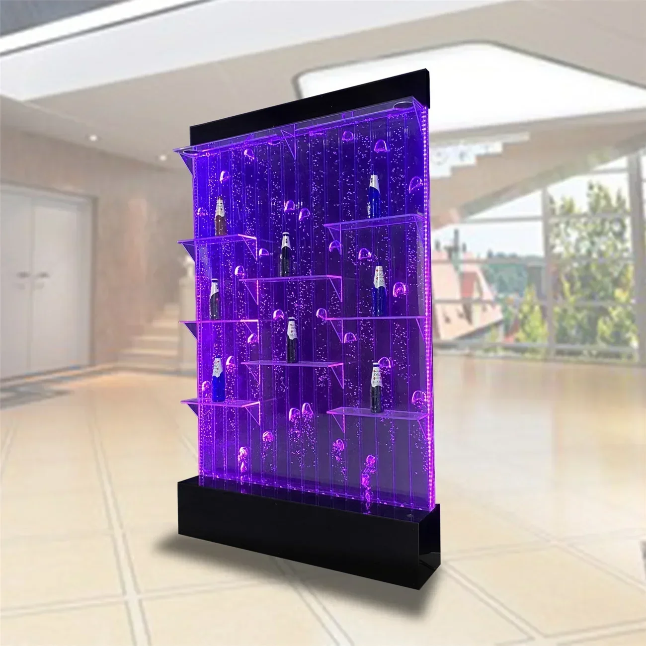 

LED illuminated acrylic vortex water bubble wall wine display rack