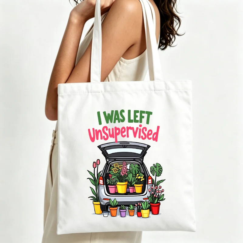 Women's canvas tote bag with plant and car graphic, casual shopping bag for daily use