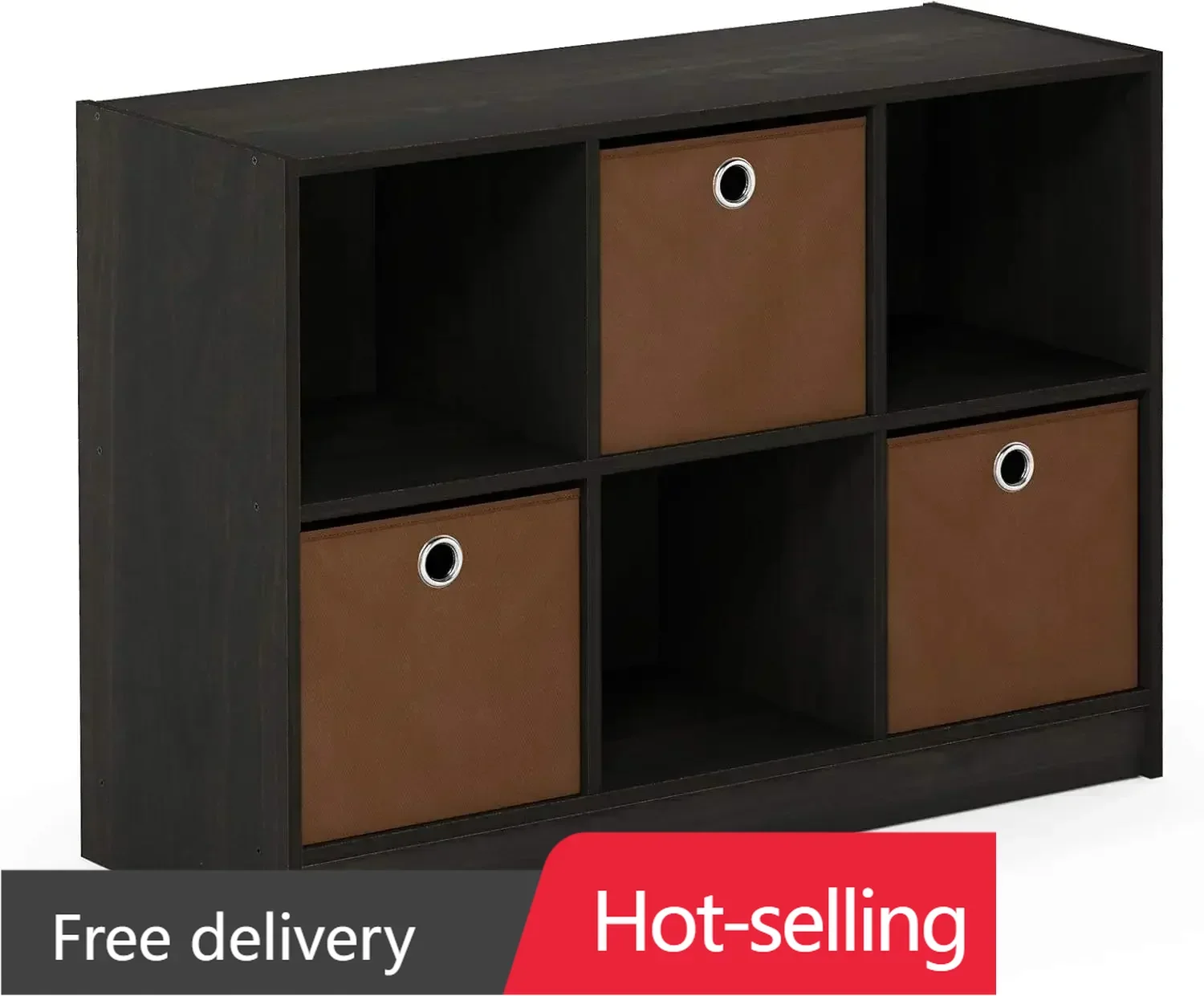 Furinno Basic 3x2 Cube Storage Bookcase Organizer with Bins, Espresso/Brown