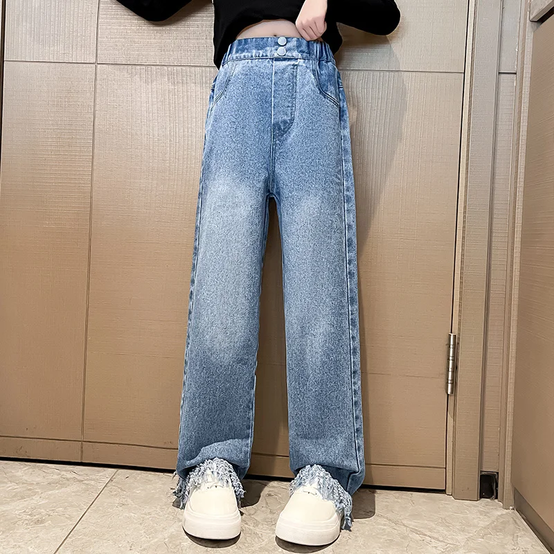 Teenager Hot Denim Tassel Raw Edge High Waist Jeans Fashion Cool Pants Girls Pantalones Kids Casual Jeans for Girls with Fringe