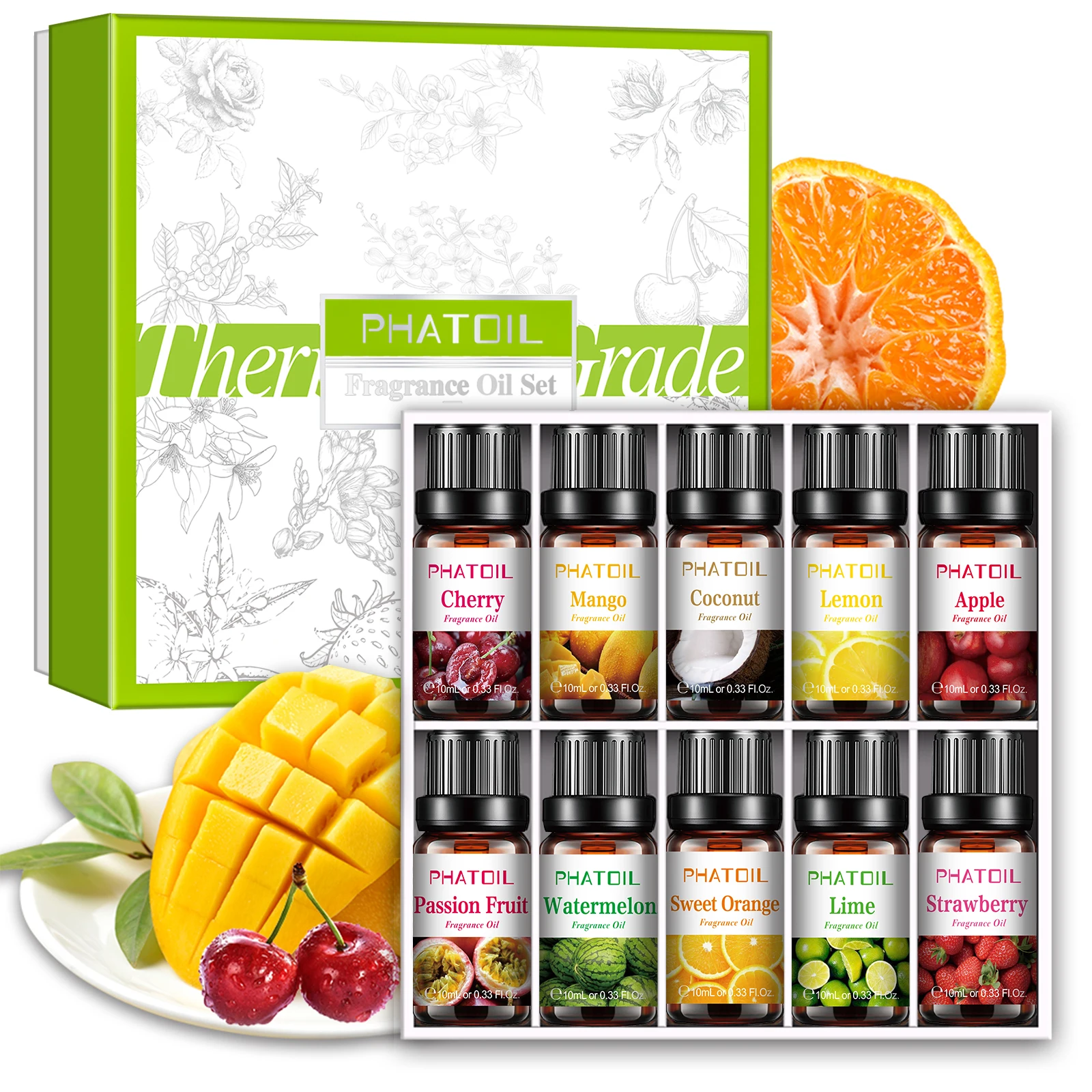 PHATOIL 10pcs Fruity Fragrance Oils Set - 10ml Strawberry Coconut Lime Mango Watermelon Banana Apple Lemon Cherry Passion Fruit