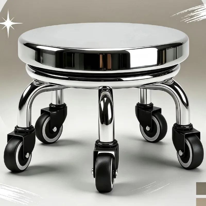 360° Swivel Caster Low Stool, Thick Stainless Steel Rolling Seat,Home Moving Utility Round Stool, Durable Wheeled Workshop Stool