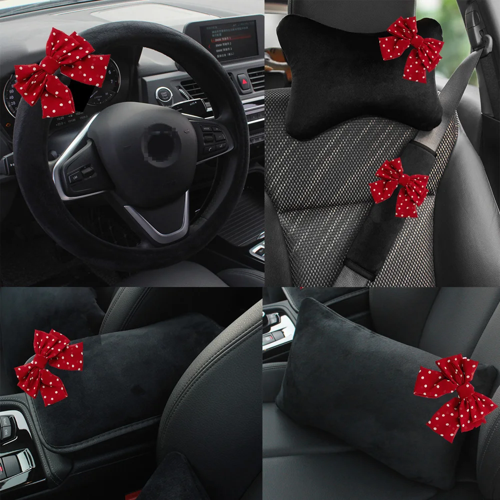 Retro czerwona Dot Bow uniwersalny zagłówek fotela samochodowego poduszka pod kark pas wspierający Auto Seat belt Cover akcesoria samochodowe wnętrze dla kobiet