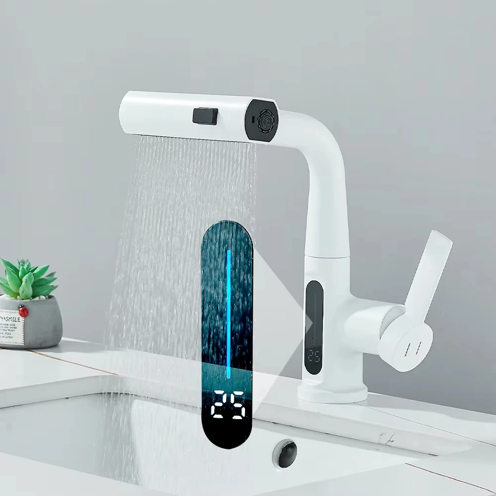 

White/black bathroom sink faucet with digital temperature display, pull-out arm, waterfall spout and hot and cold water mixer.