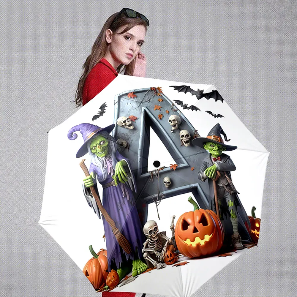 Halloween Witch Pumpkin Skeleton Bat Letter Art Design portable waterproof sun rain umbrella for outdoor travel beach