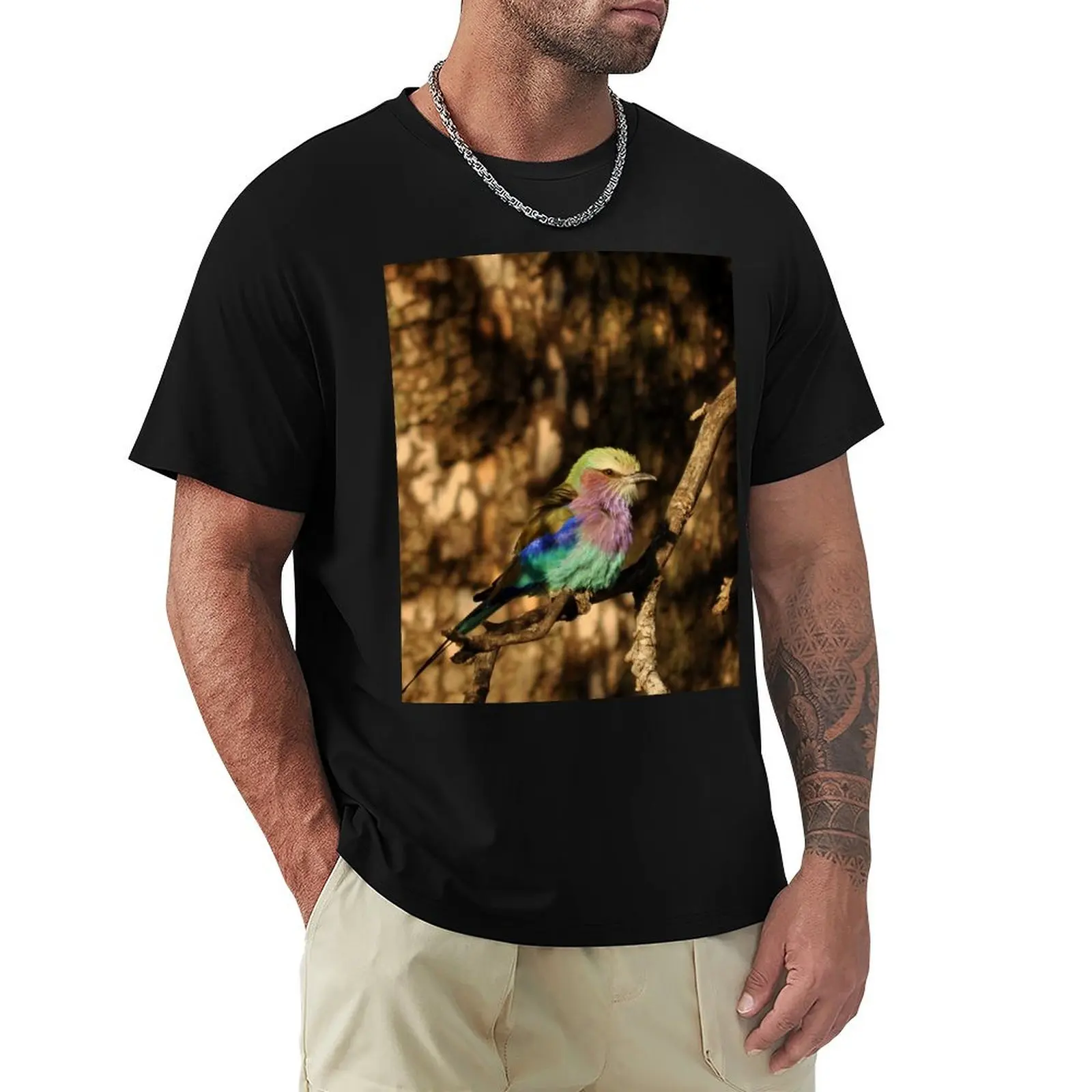 

Lilac-breasted roller Coracias caudata bird lila blue Africa T-Shirt Retro Style Print Casual Top