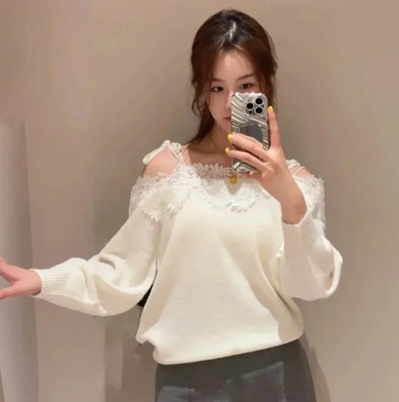 Bandage Off Shoulder Ropa Mujer 2024 Woman Sweater Spliced Lace Outerwears Autumn Sweet New Clothes Women Japan Loose Roupas