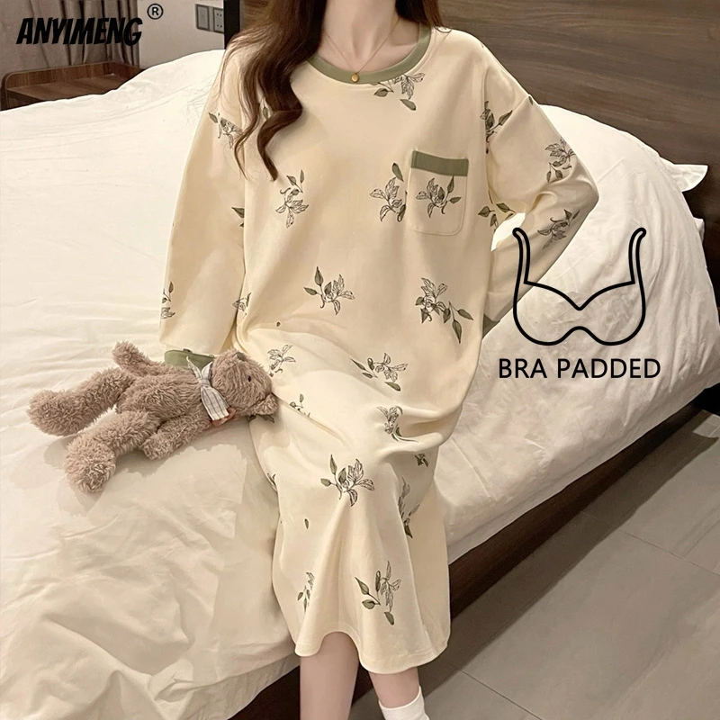 Autumn Winter Women Long Sleepshirts Leisure Loose New Pullover Nightdress Casual Lady Nightgown Soft Faux Cotton Bra Pads Dress