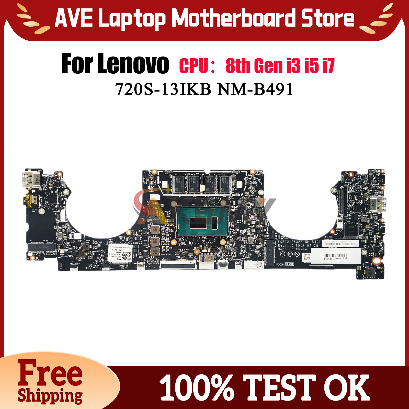 

NM-B491 для Lenovo Ideapad 720S-13IKB, материнская плата для ноутбука с i5 i7, 8-го поколения, 8 ГБ ОЗУ, 100% полностью протестирована