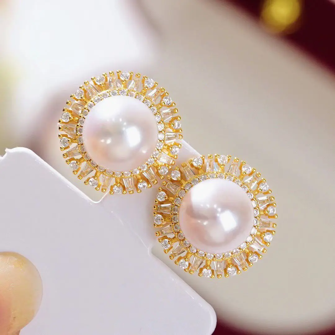 

Wholesale S925 Sterling Silver Earrings Mount Findings Settings Base Mounting Parts Accessory for 11-12mm Pearls 5 pairs/lot