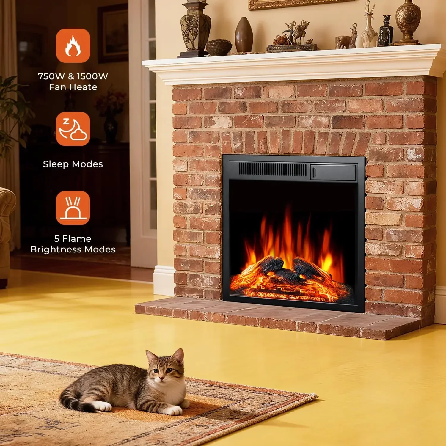 Electric 22'' Fireplace Wooden Surround Firebox Free Standing, Adjustable Led Flame, Remote Control 750-1500W(22''X23'')