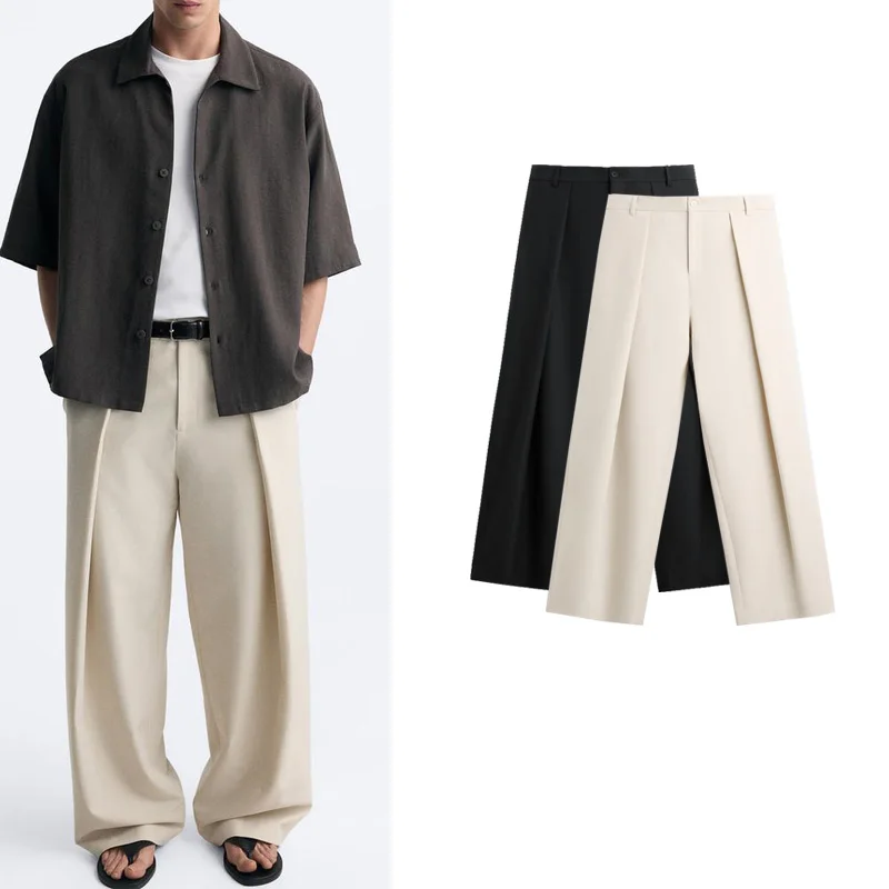 

Lazy Sle Men's Casual Pants Spring New Loose Wide Leg Trousers Pleated Design Versatile Straight Leg Summer Youth Faion