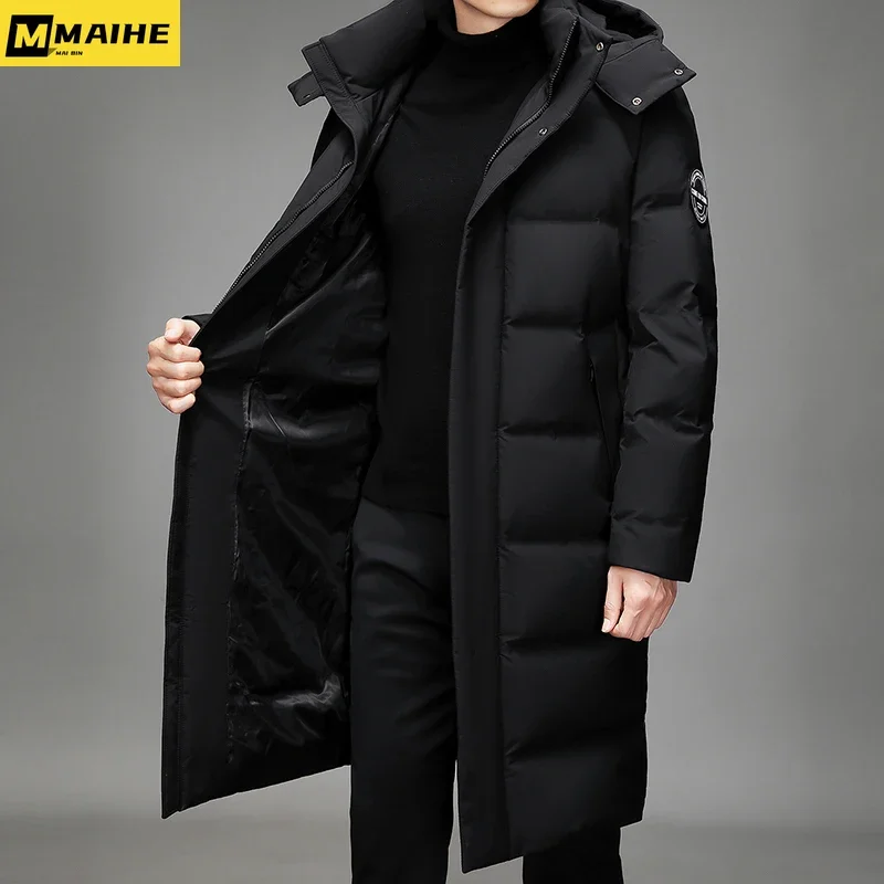 Jaqueta masculina longa à prova de vento, jaqueta de esqui quente e monocromática, jaqueta elegante com capuz, ao ar livre, plus size, nova, inverno, 2023