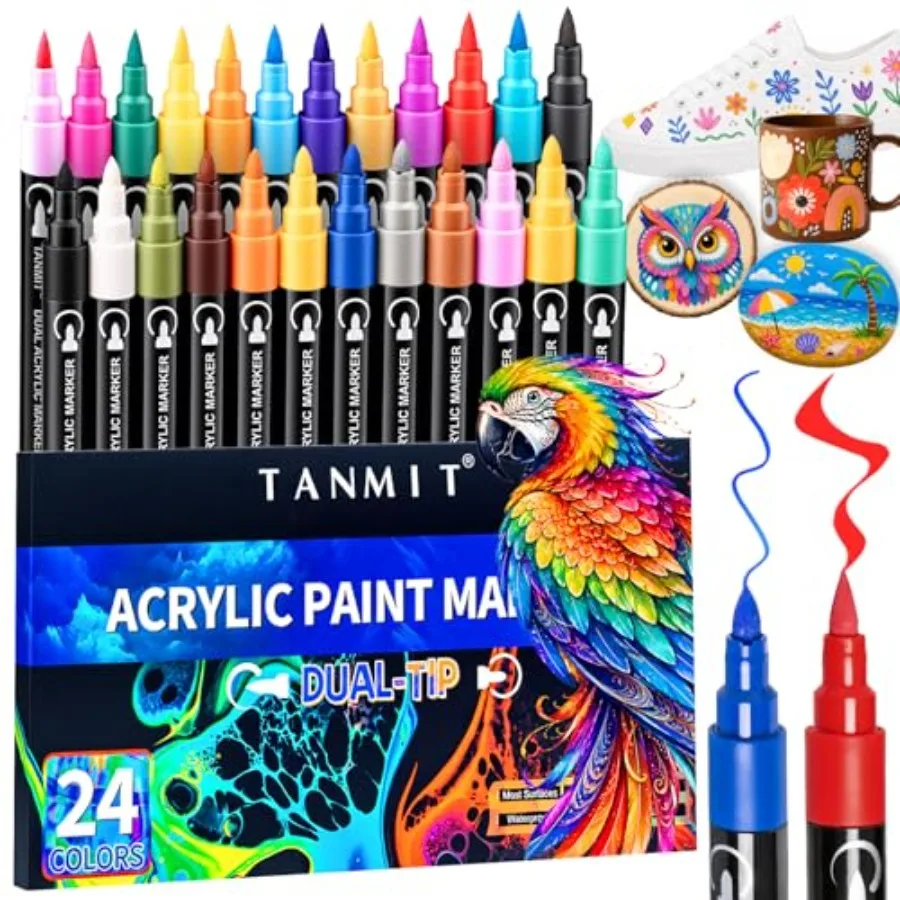 Colors Dual Tip Acrylic Paint Markers, Paint Pens Set with Brush Tip and Fine Tip For Fabric, Rock, Wood, Glass, Eggs, Scrapboo