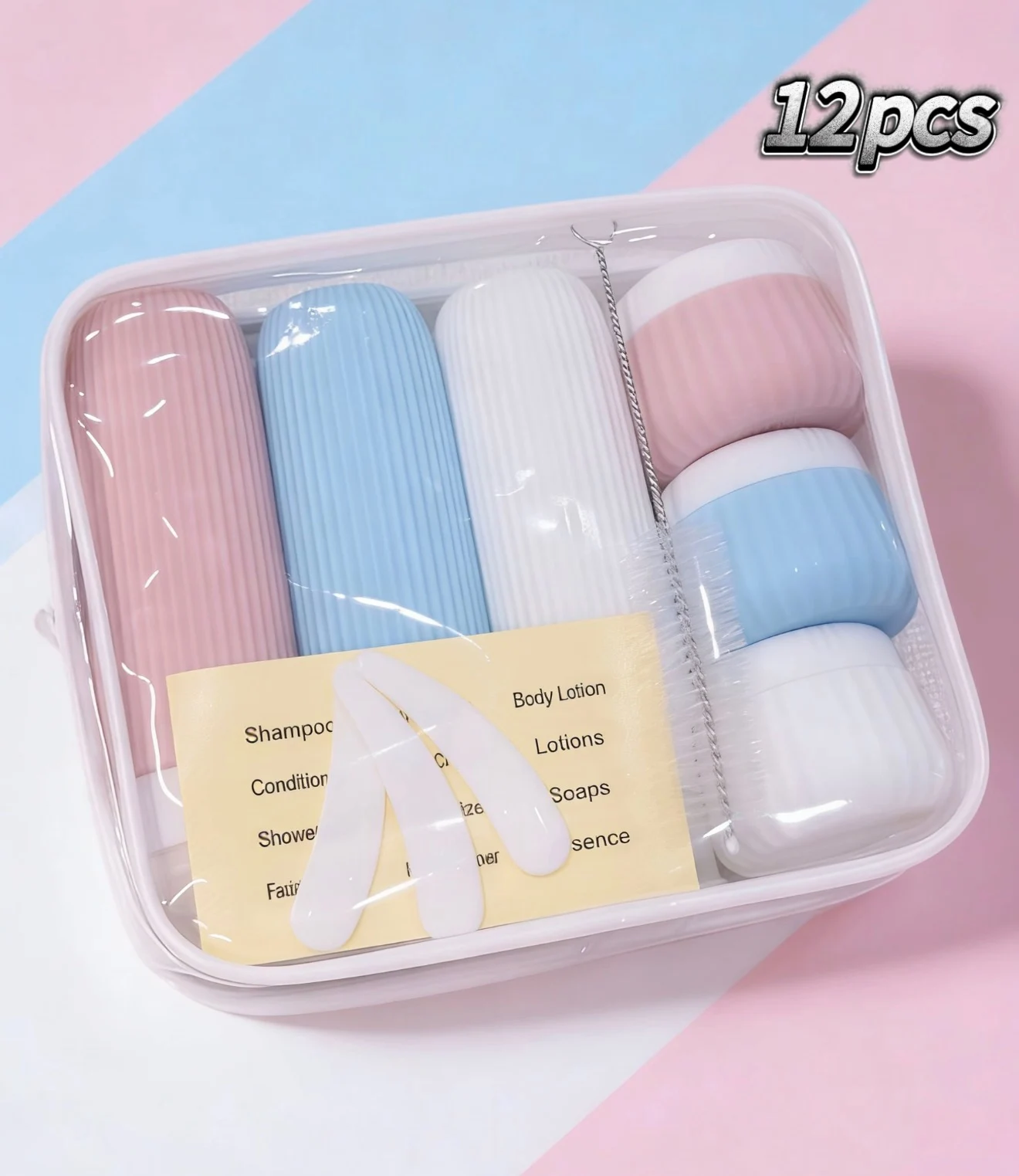 

[12-Piece Set] Travel Toiletry Bottle and Jar Set Includes Toiletry Bag | 3 Bottles of 90ml + 3 Cans of 30ml + 3 Spatulas + 1 Brush + 1 Exquisite Sticker | And a Leak-Proof Portable Toiletry Bag, a Must-Have Travel Essential.