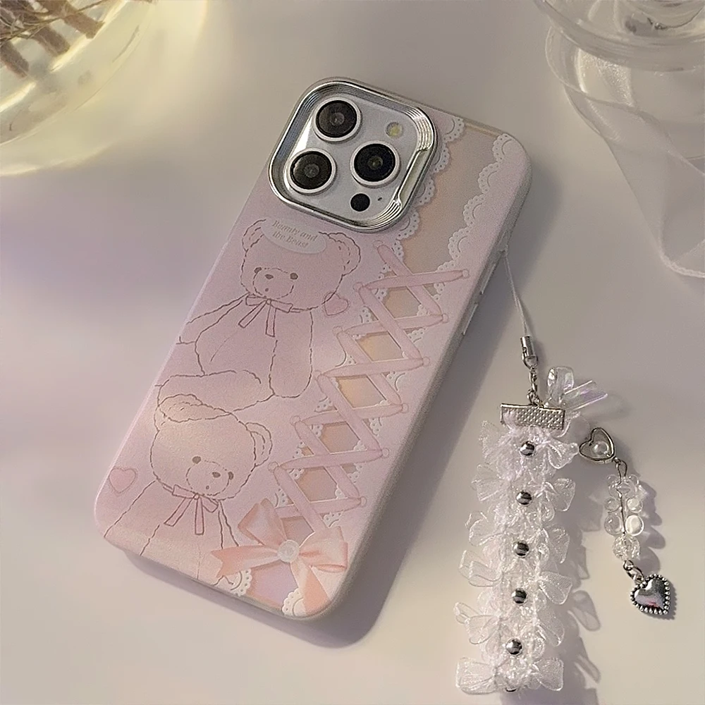 Korea Cute Pink Graffiti Bear Bow Ribbon Frosted Laser Phone Case Chain For iPhone 15 14 13 11 12 Pro Max Lanyard Cover