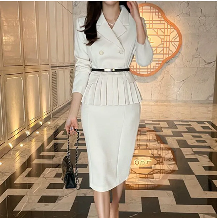 Autumn Spring Office Ladies Two Piece Set Women Notched Double-Breasted White Ruffles Belt Blazer Tops + Split Pencil Skirt Suit