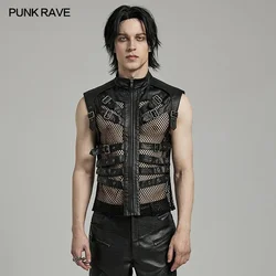 PUNK RAVE Men's Punk Personality Mesh Handsome Hollow Vest Daily Unrestrained Sexy Cool Blak Tops Men Clothing Summer