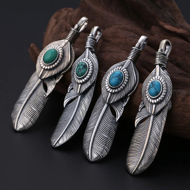 Manufacturer wholeSale S925 Sterling Silver retro thai Silver eagle feather inlaid turquoiSe pendant couple necklace pendant