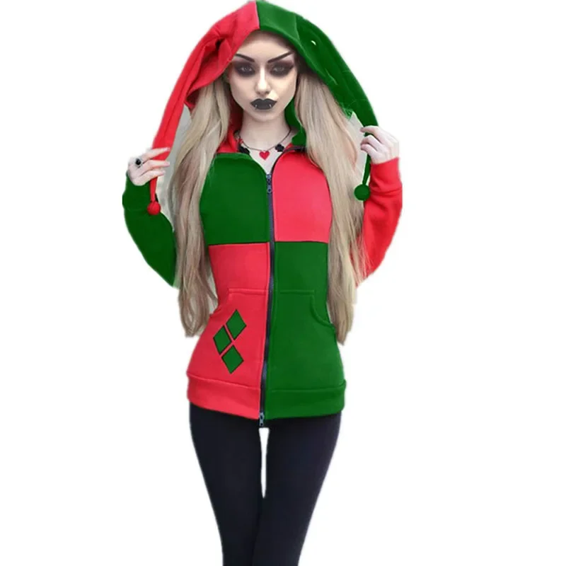 Costume de bouffon de clown arlequin pour femme, sweat à capuche effrayant, manteau pour femme, sweat-shirt noir, tenue de cosplay d'Halloween, sweat à capuche pour fille adulte