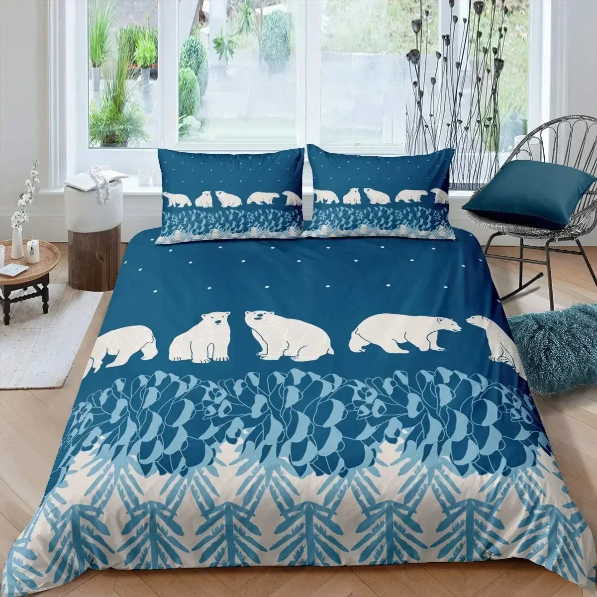 Polar Bear Duvet Cover Set King Queen Full Size Polyester Comforter Cover for Kids Boys Girls Wild Animals Pattern Bedding Set