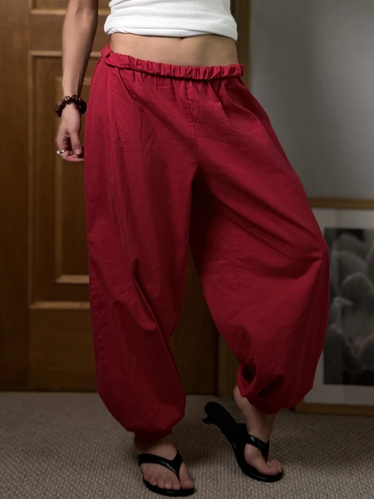 Wide Leg Red Pants For Women Cotton Long Bloomers White Autumn Elastic Waist Lantern Trousers Women Straight Practice Pants Lady