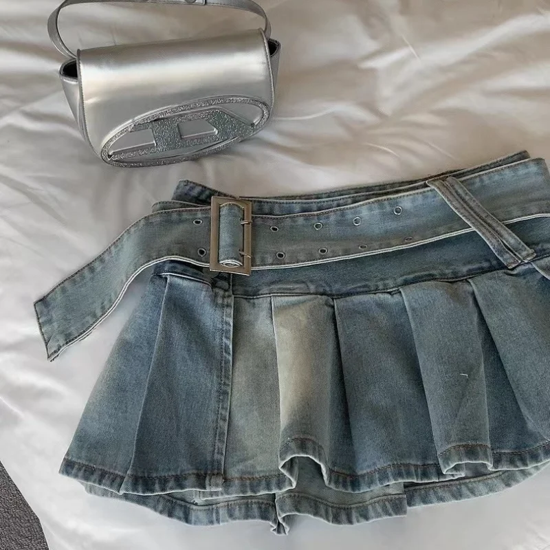 Frauen Denim Miniröcke Plissee Chic Sommer sexy mit Gürtel Vintage Rüschen Streetwear Hip Hop Party Y2k Mode Schlitz entworfen