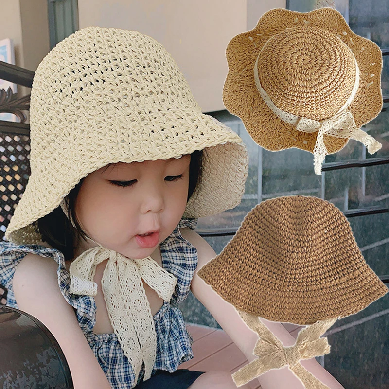 

Baby Girl Boy Baby Girl Hat Bucket Summer Caps Kids Straw Hat Baby Girls Breathable Lace Strap Sun Hat Visor Foldable Wide Brim