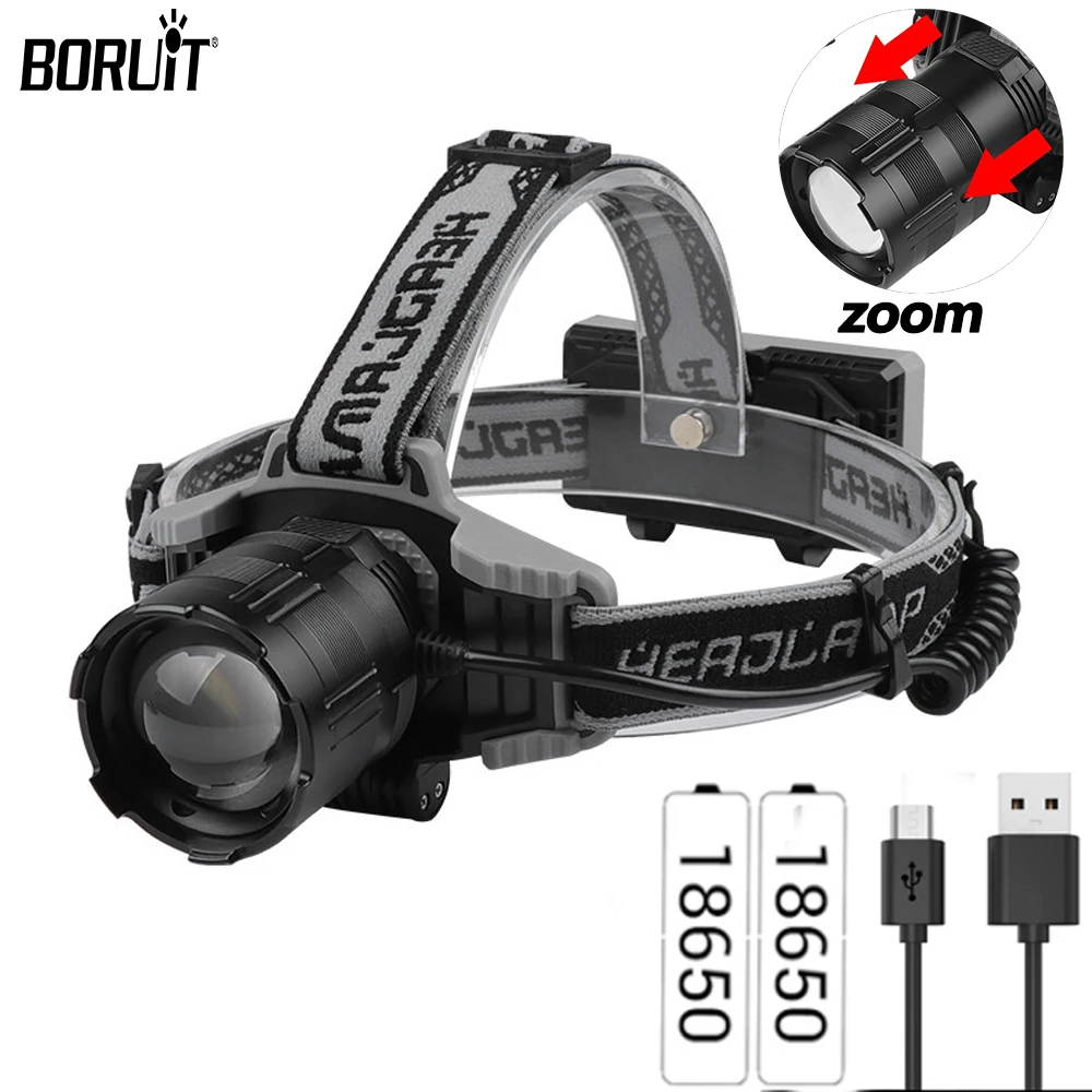 

BORUiT Super Powerful Zoom LED Headlight 18650 USB-C Rechargeable Headlamp Mechanic Workshop Lamp Camping Fishing Head Torch